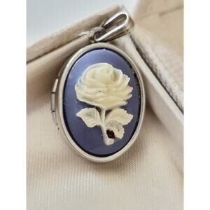 Vintage Mini Blue and White Faux Cameo Locket Pendant